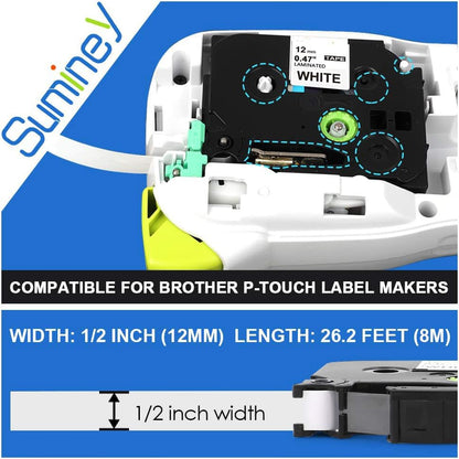 Suminey Compatible Label Tape Replacement for Brother P-Touch TZe TZe-231 12mm x 8m Black on White Laminated Label,TZe231 AZe-231 TZ Tape for Brother Ptouch PT-H100R H110 H105 1000 1005 1010, 6-Pack