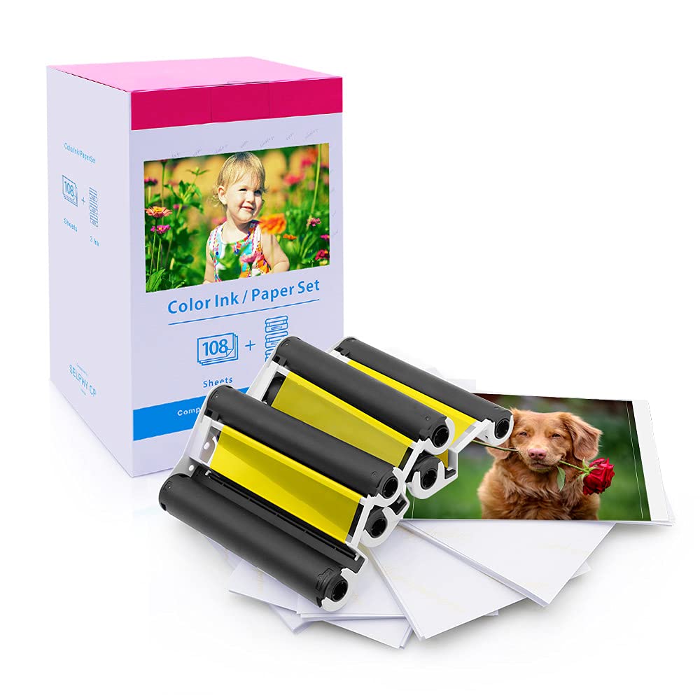 Compatible Canon Selphy CP1300 CP1500 Ink and Paper KP-108IN KP108 3 Color Ink Cartridges and 108 Sheets 4x6 Photo Paper Glossy for Canon Selphy CP1200, CP1000, CP910, CP900 Compact Photo Printers