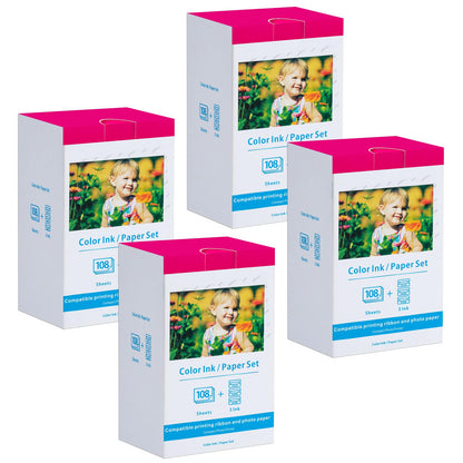 4 Pack Compatible Canon Selphy CP1300 CP1500 Ink and Paper KP-108IN Includes 432 Sheets and 12 Ink Cassettes