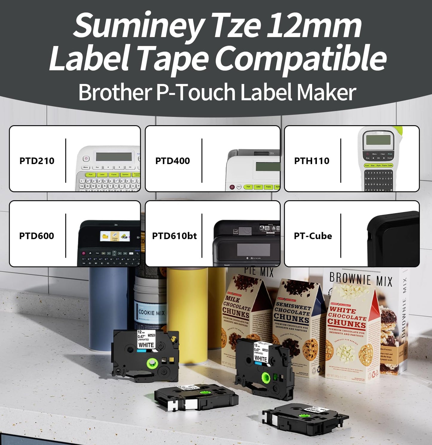 Nastro per Etichette Suminey Compatibile In sostituzione di Brother P-touch Laminato Tape Cassetta TZe-231 12mm per PT-H107B 1000 1010 H105 H100LB H100R P300BT H110 H200, nero su bianco, 5Pz